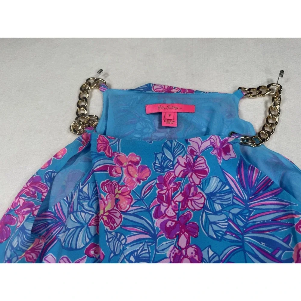 Lilly Pulitzer Size 8 Blue Pink Tropical Floral Chain Neck Sleevless Top - Picture 3 of 11
